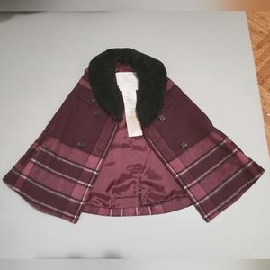 BURBERRY excellent wool shearling baby poncho cape coat purple burgundy check